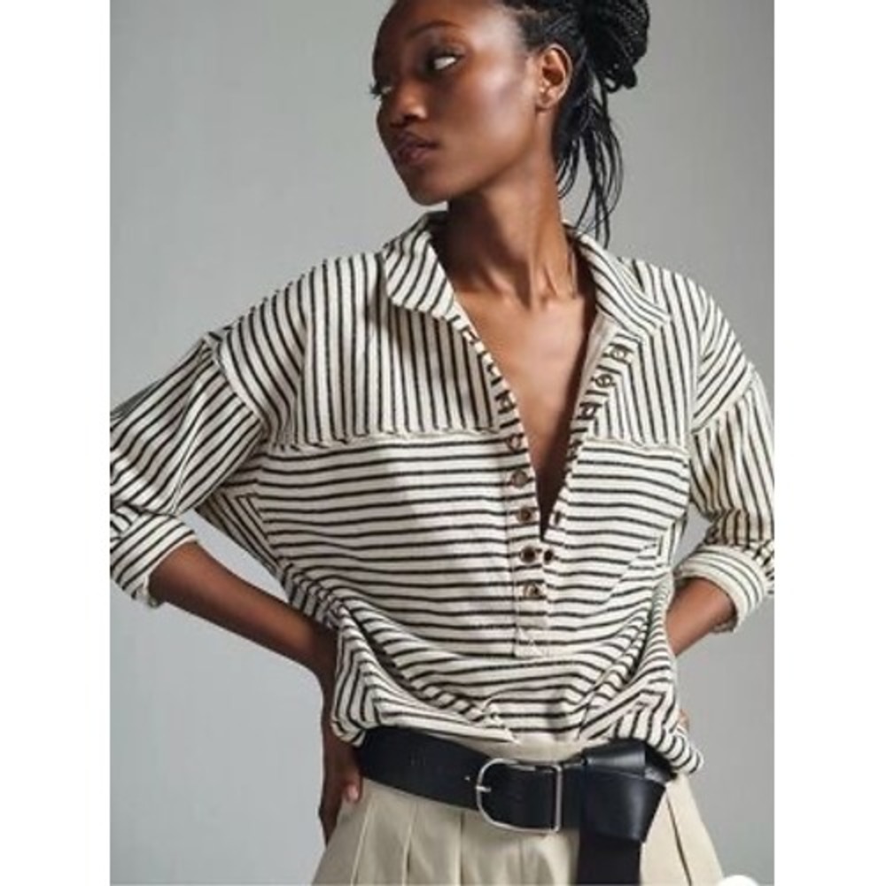 Pilcro Anthropologie Striped Lace Up Grommet Top Long Sleeve Cotton Small